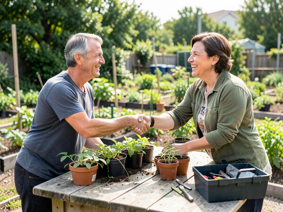 Two gardeners shaking hands over a wooden table of seedlings and a toolbox in a sunny community garden