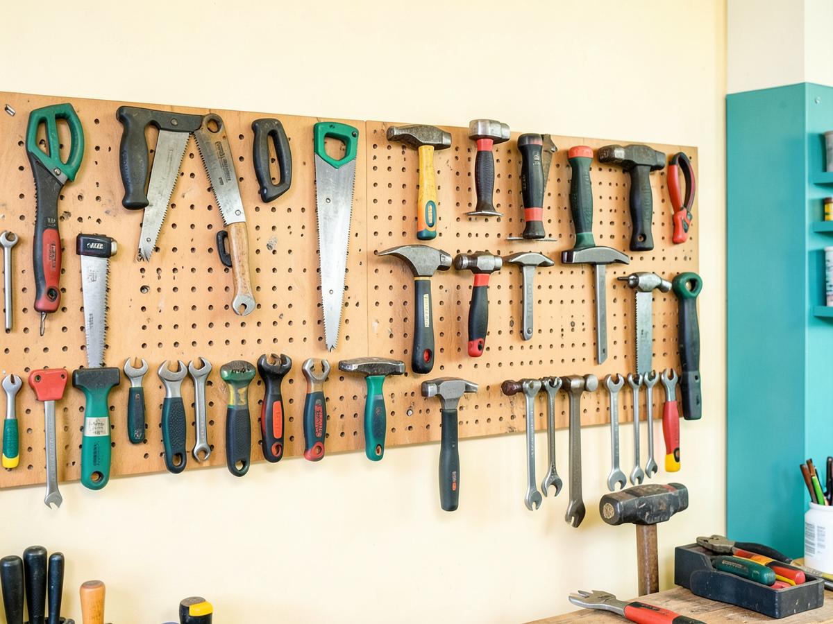 A pegboard wall in a shared community workshop holding saws, hammers and spanners, ready to be borrowed